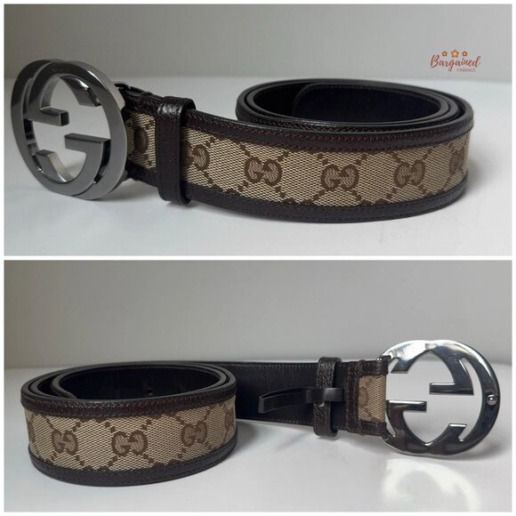 Auth GUCCI Brown Monogram Canvas Leather Silver Interlocking G Buckle Belt 85/34 - Picture 10 of 13